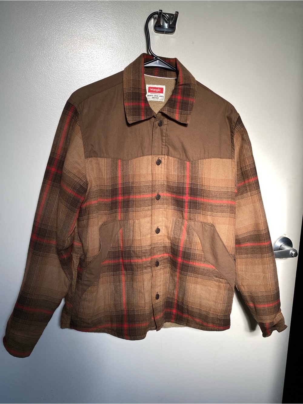 Wrangler Brown Plaid Lightweight Shirt Jacket with Red Accents